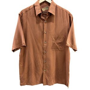 Caribbean Mens Silk Hawaiian Shirt Burnt Orange Button Up Short Sleeve‎ Size M